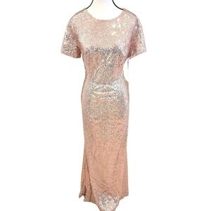 NWT‎ Honey Qiao Sequin Dress Womens M Rose Gold Formal Gown Maxi Short Sleeve